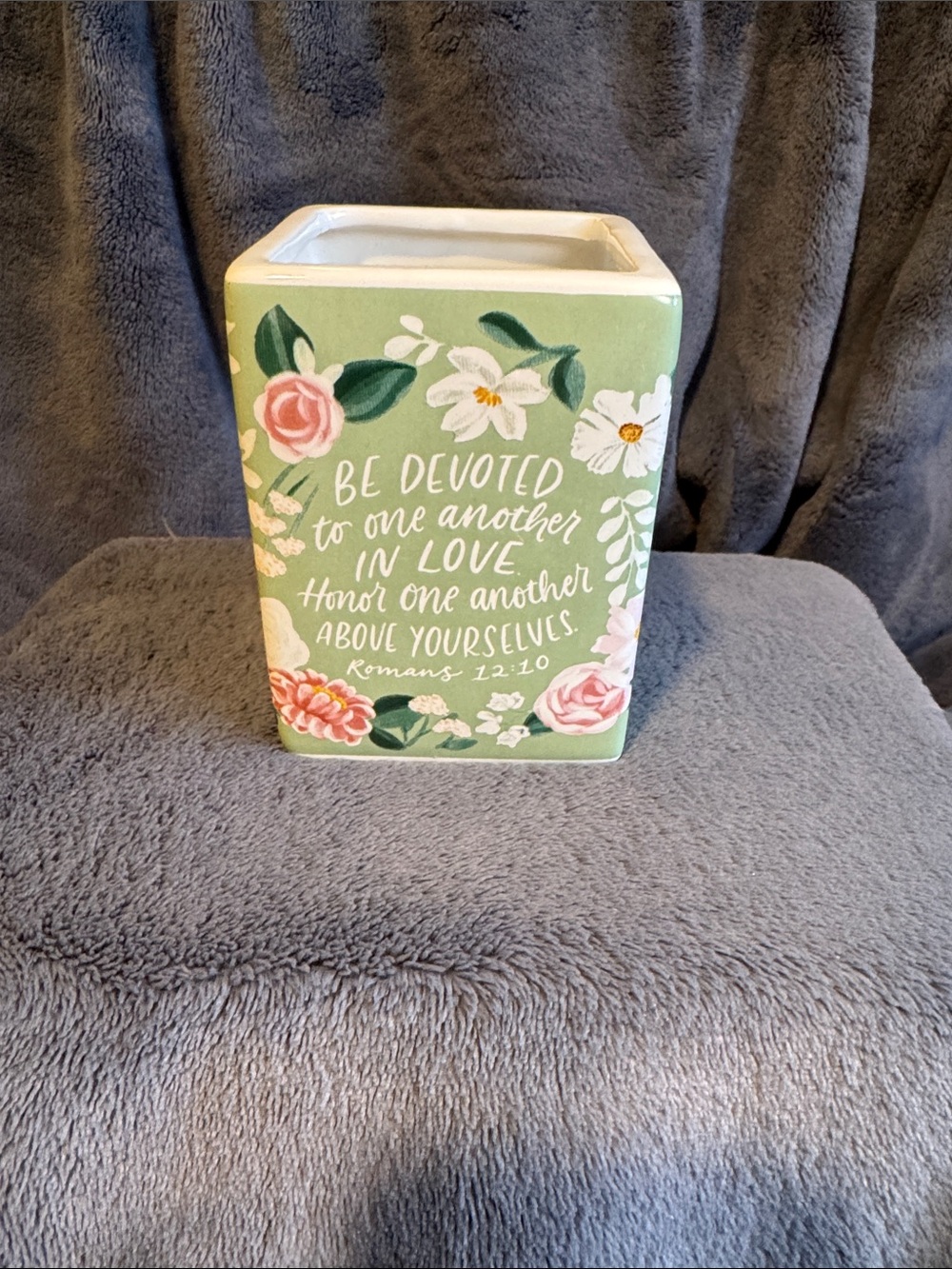 Inspirational Floral Ceramic Vase, Romans 12:10
